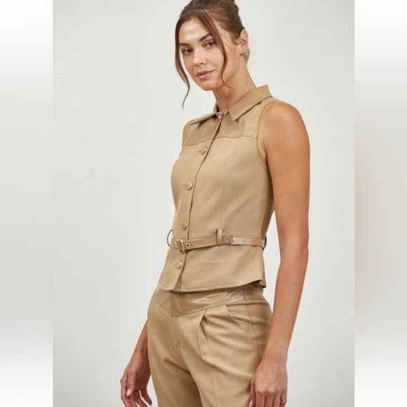 A48. Tan Faux Leather Belted Vest & Pants Set - Picture 3 of 8